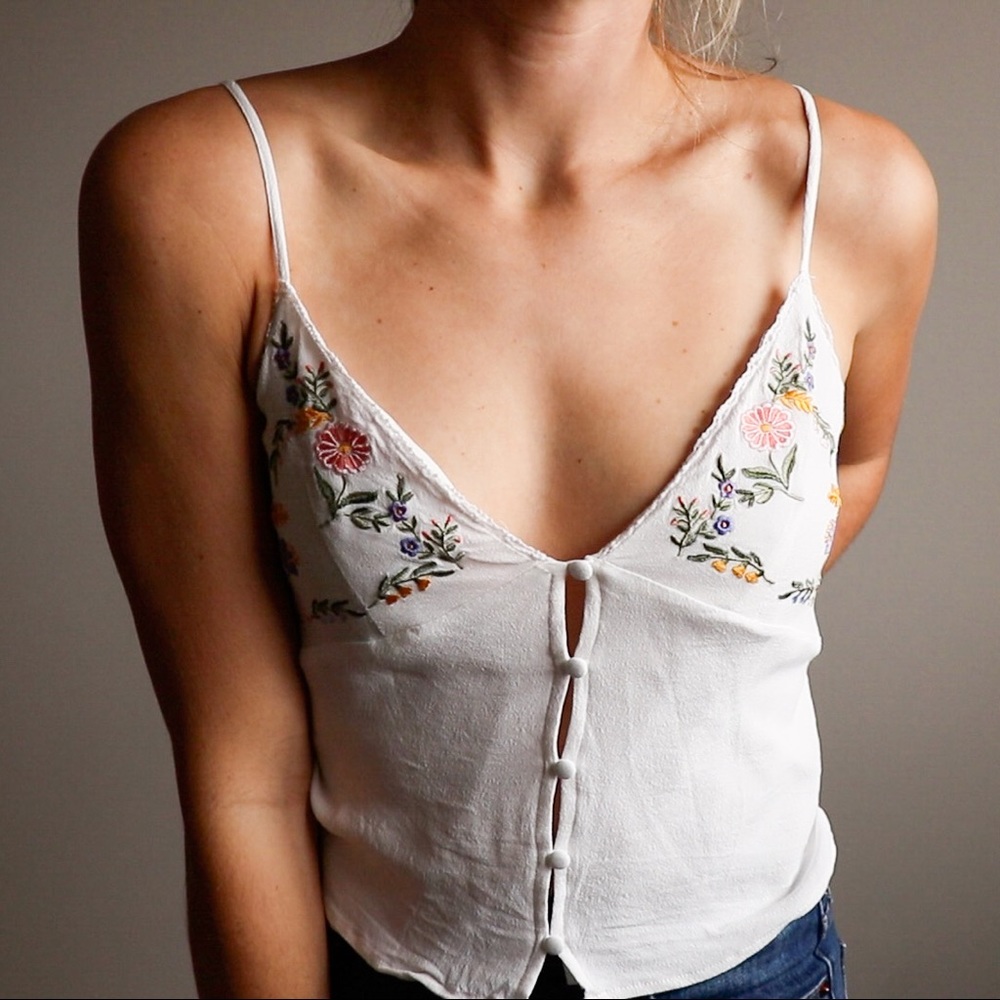 White Floral Embroidered Button Down Tank Top